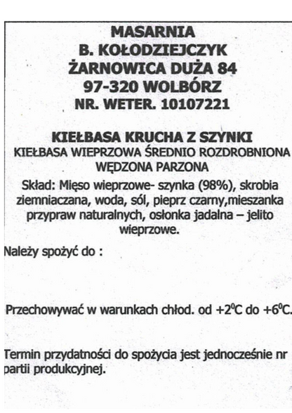 Kiełbasa krucha z szynki 46,90zł/kg