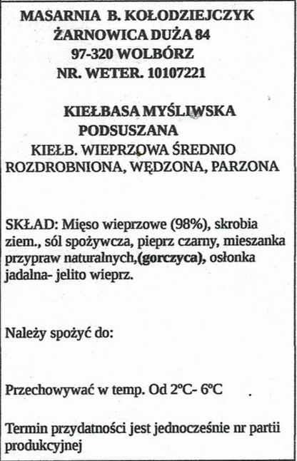 Kiełbasa myśliwska Podsuszana 55zł/kg